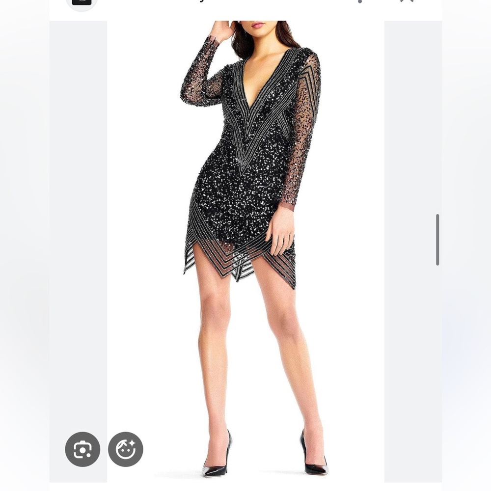 Aidan Mattox Black and Silver Beaded Long Sleeve Dress